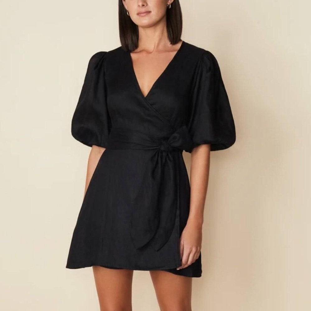Faithfull the Brand Godiva Wrap Mini Dress black US 4 Small linen